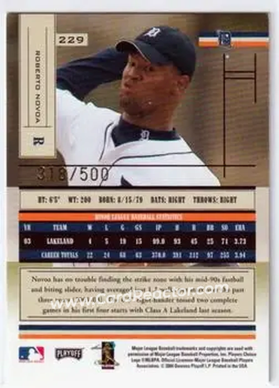 2004 Playoff Absolute Memorabilia #229 - Roberto Novoa - Detroit Tigers - Back 2004 Playoff Absolute Memorabilia #229 - Roberto Novoa - Detroit Tigers - Back