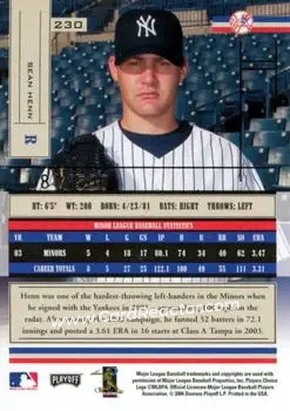 2004 Playoff Absolute Memorabilia #230 - Sean Henn - New York Yankees - Back