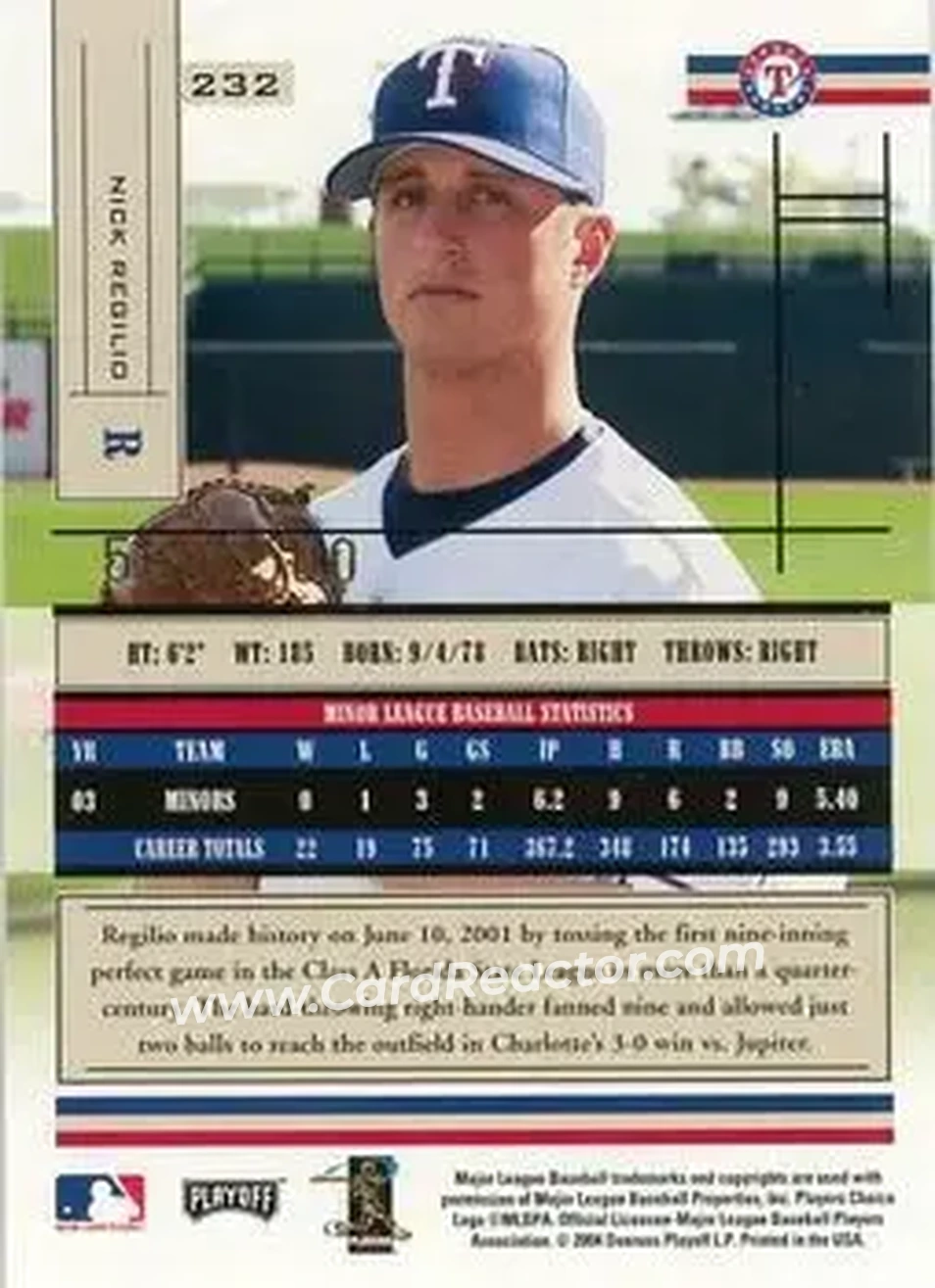 2004 Playoff Absolute Memorabilia #232 - Nick Regilio - Texas Rangers - Back