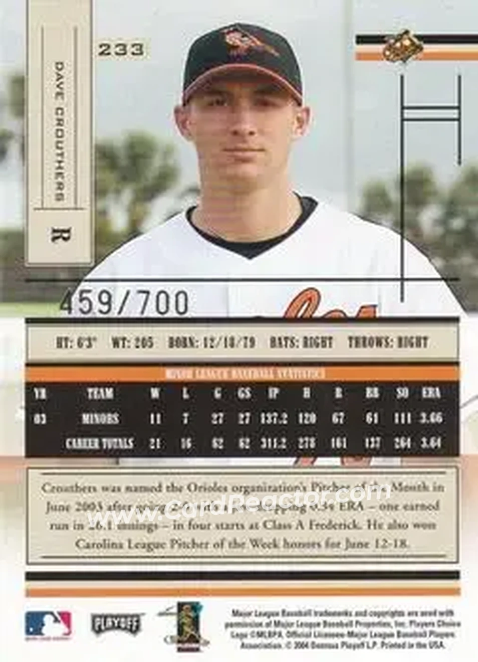 2004 Playoff Absolute Memorabilia #233 - Dave Crouthers - Baltimore Orioles - Back
