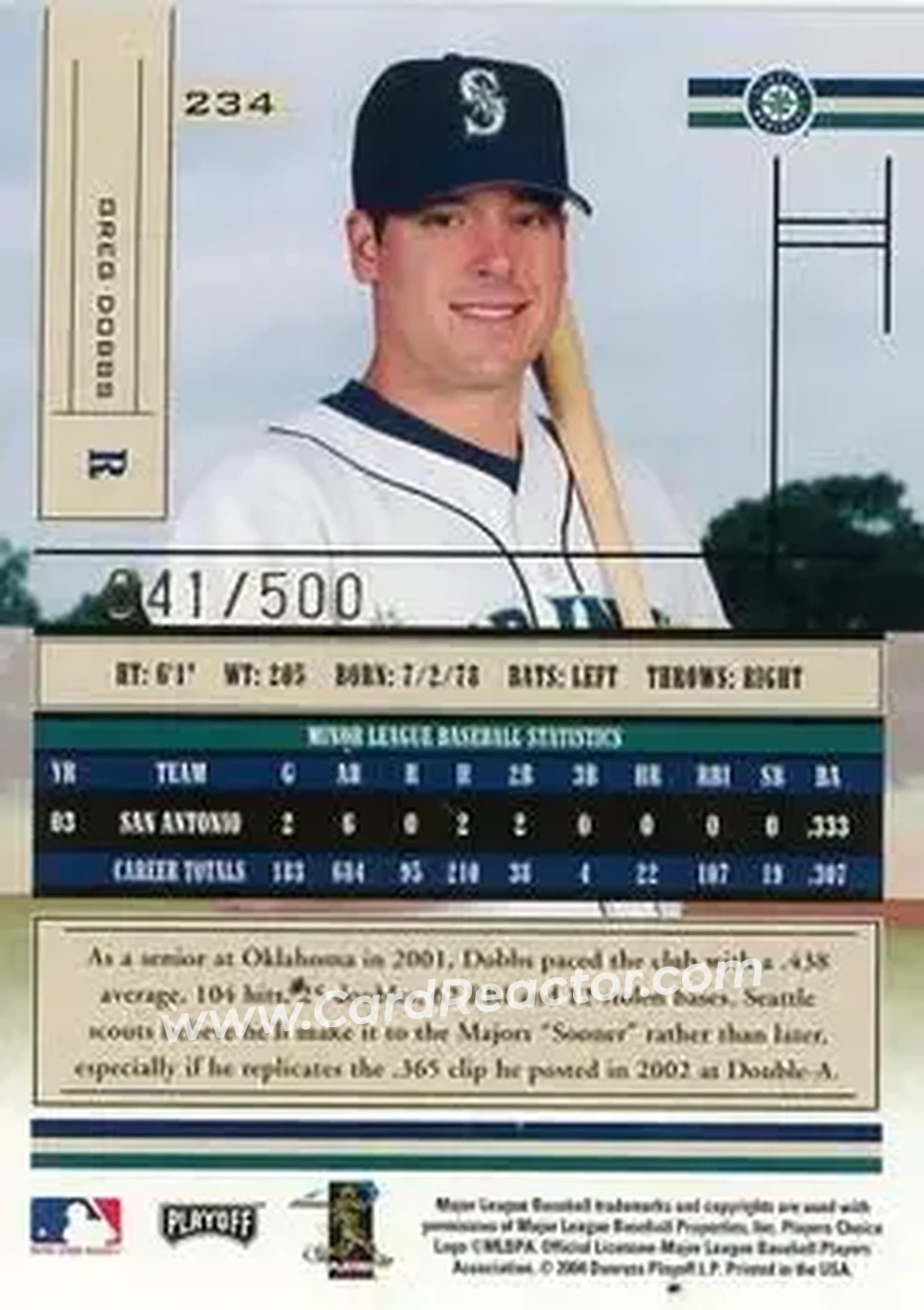 2004 Playoff Absolute Memorabilia #234 - Greg Dobbs - Seattle Mariners - Back