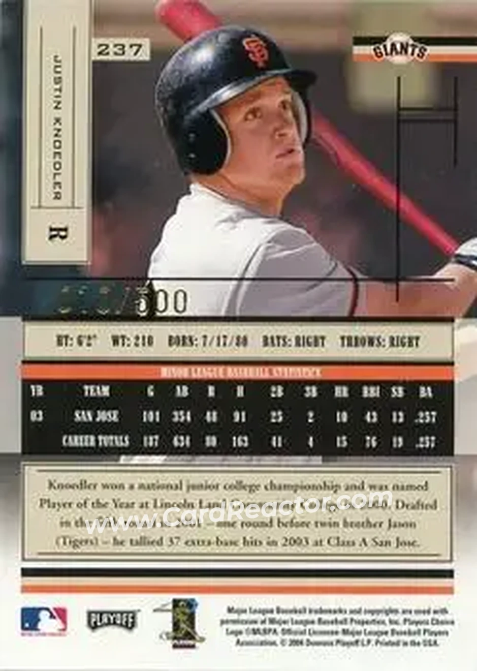 2004 Playoff Absolute Memorabilia #237 - Justin Knoedler - San Francisco Giants - Back