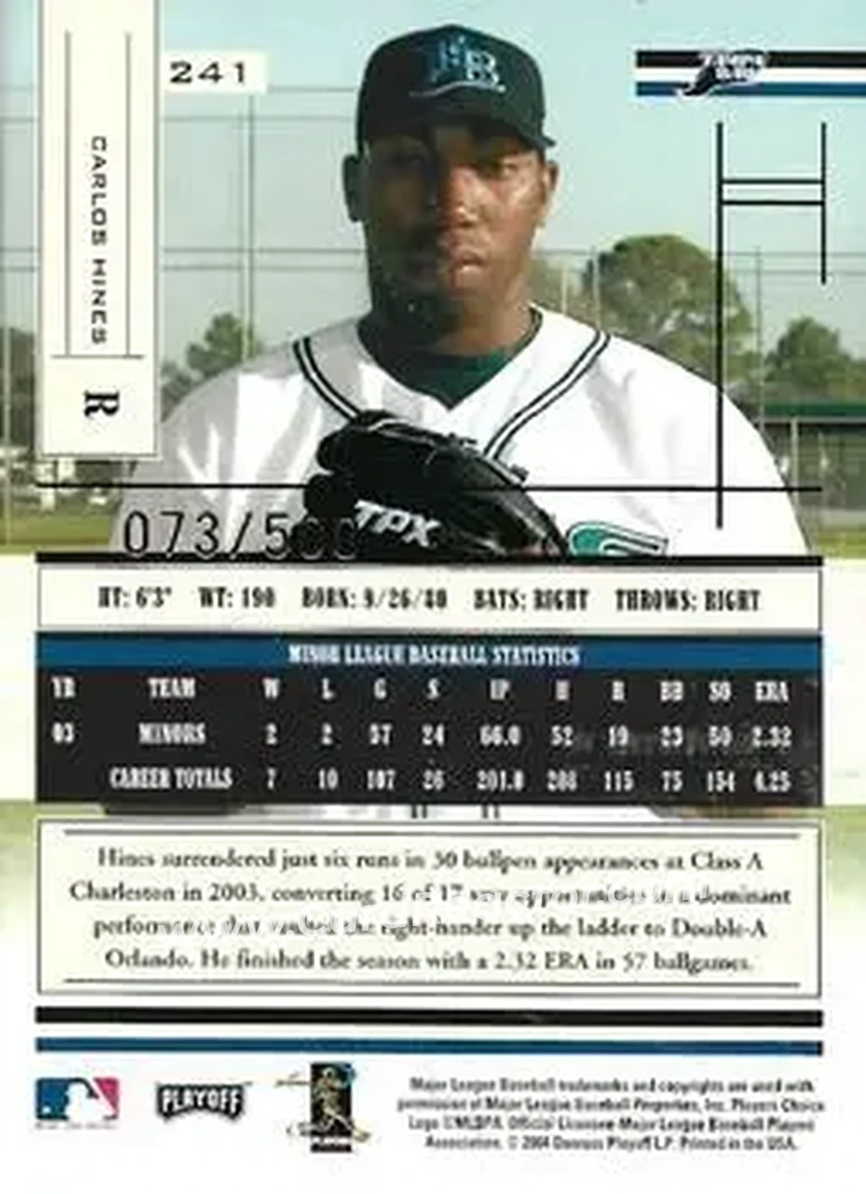 2004 Playoff Absolute Memorabilia #241 - Carlos Hines - Tampa Bay Devil Rays - Back