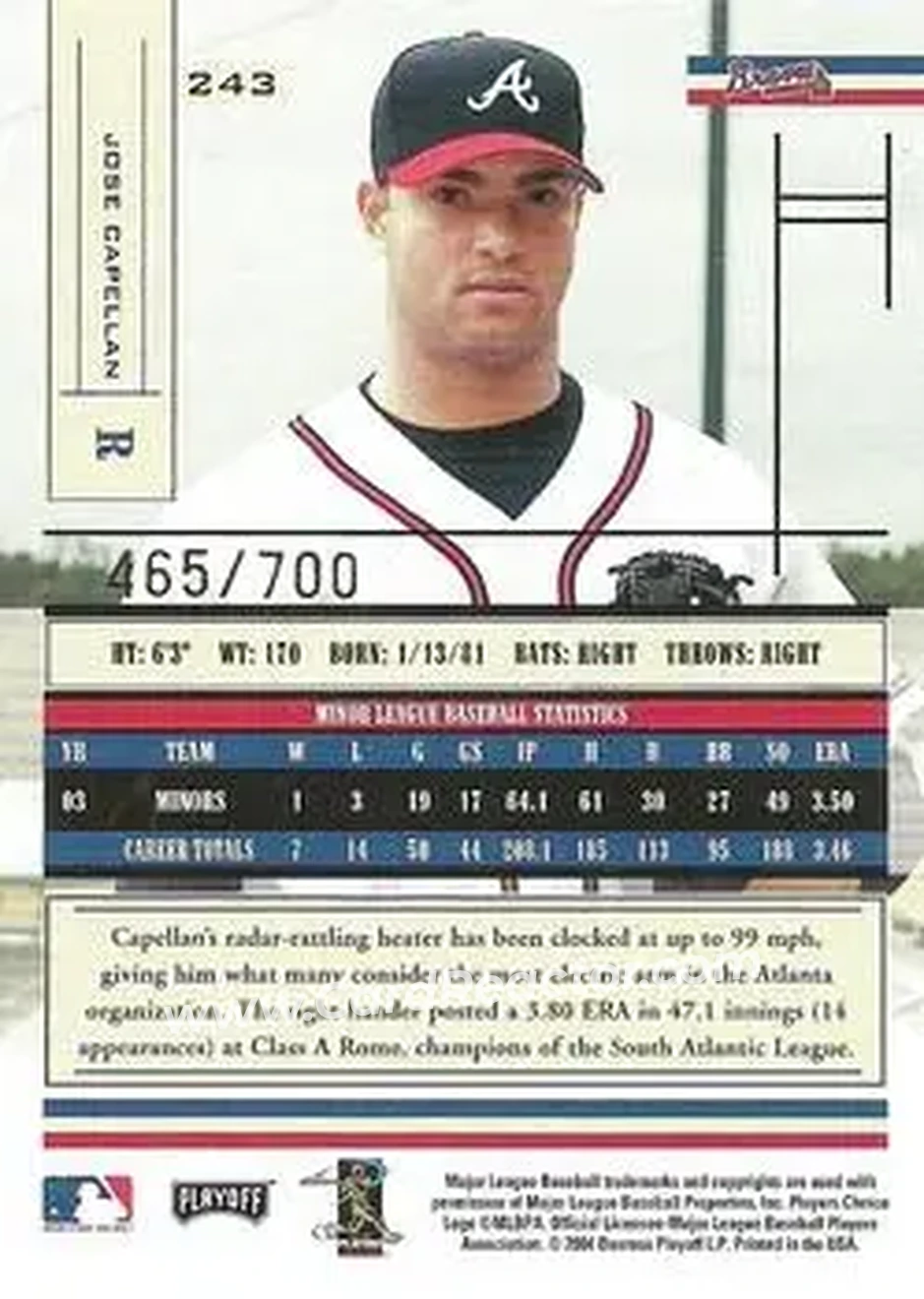 2004 Playoff Absolute Memorabilia #243 - Jose Capellan - Atlanta Braves - Back