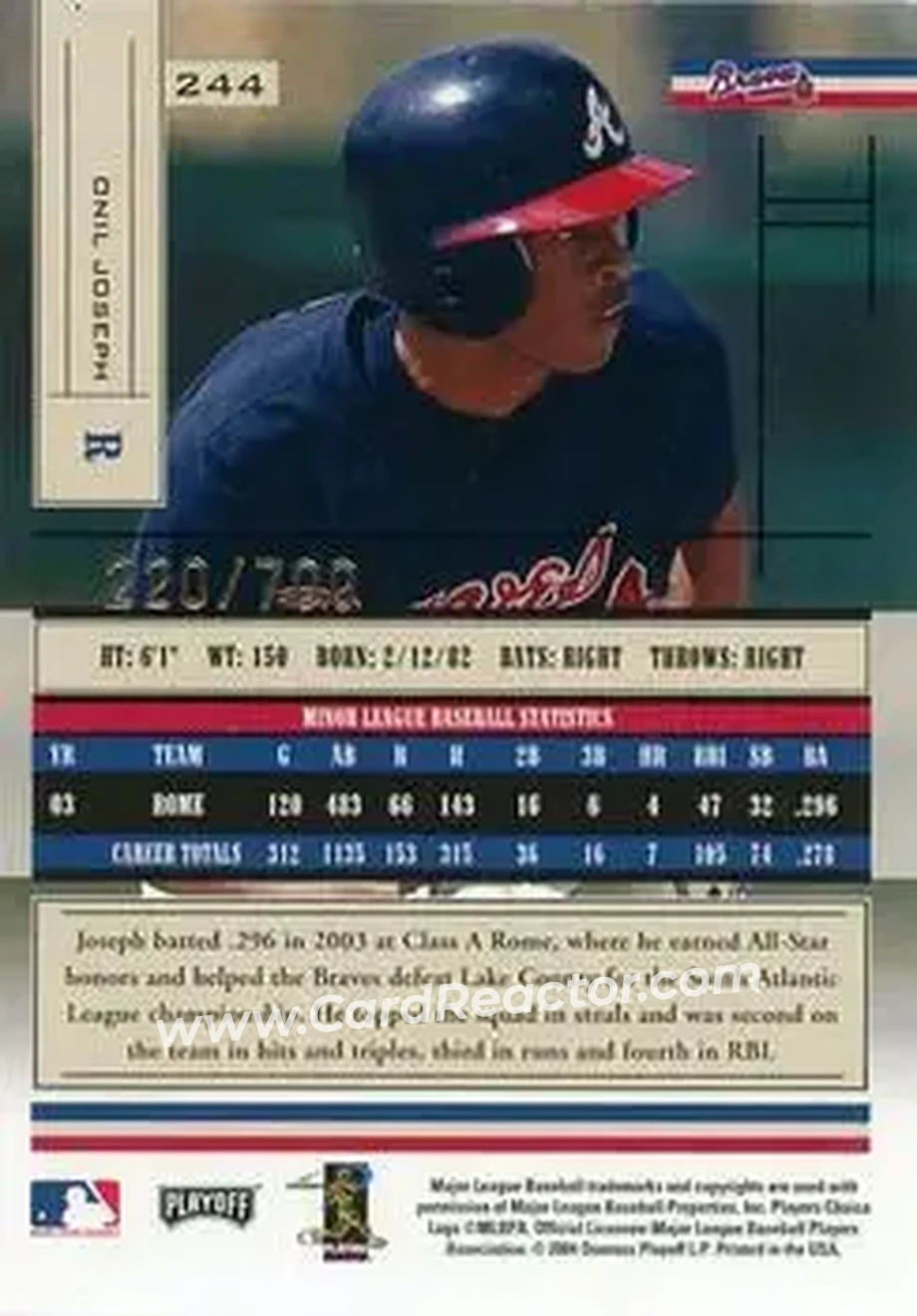 2004 Playoff Absolute Memorabilia #244 - Onil Joseph - Atlanta Braves - Back
