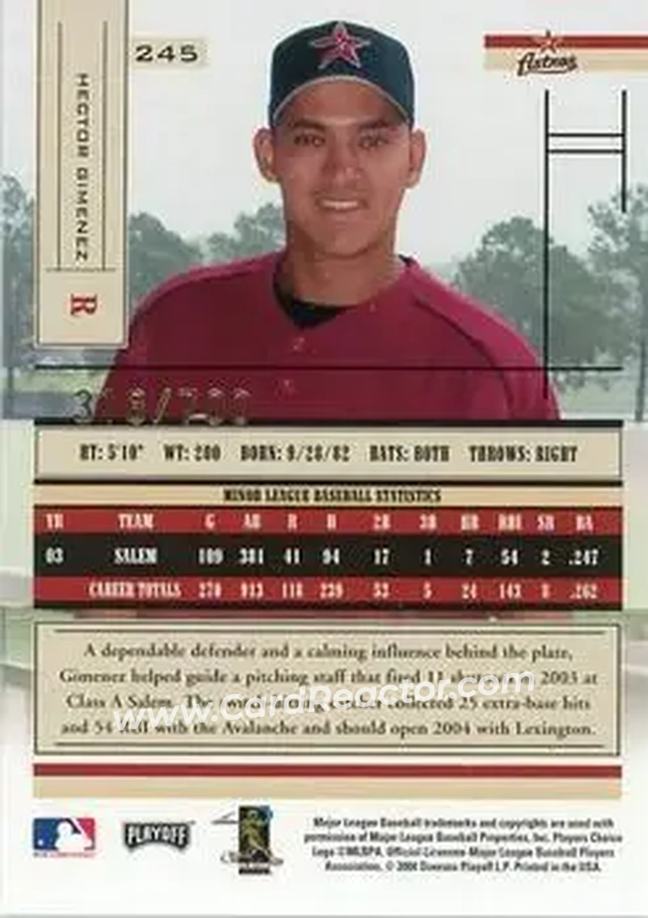 2004 Playoff Absolute Memorabilia #245 - Hector Gimenez - Houston Astros - Back