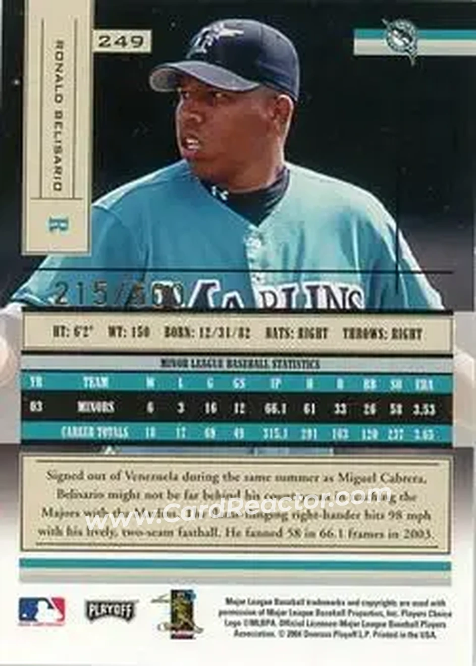 2004 Playoff Absolute Memorabilia #249 - Ronald Belisario - Florida Marlins - Back