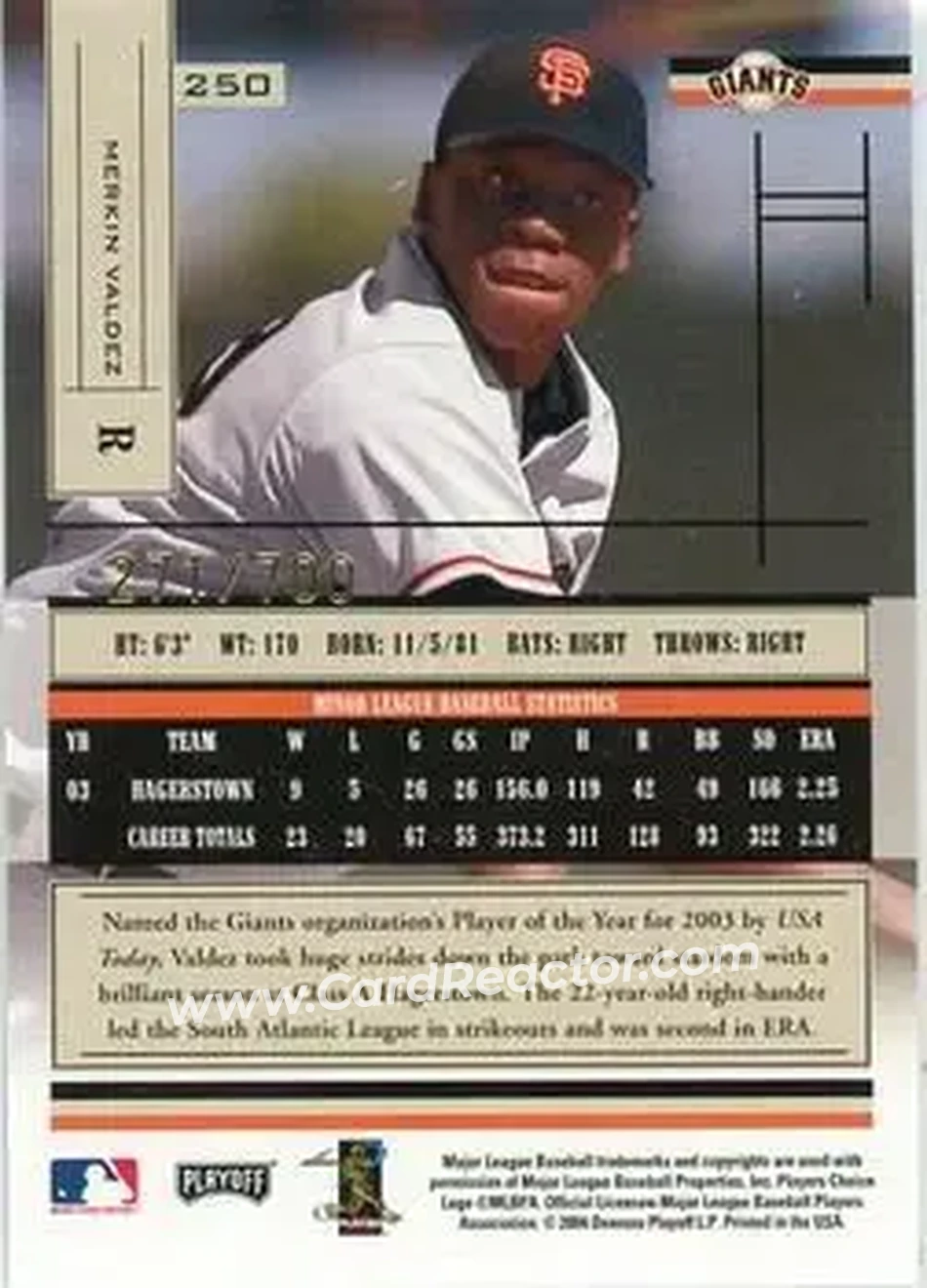 2004 Playoff Absolute Memorabilia #250 - Merkin Valdez - San Francisco Giants - Back