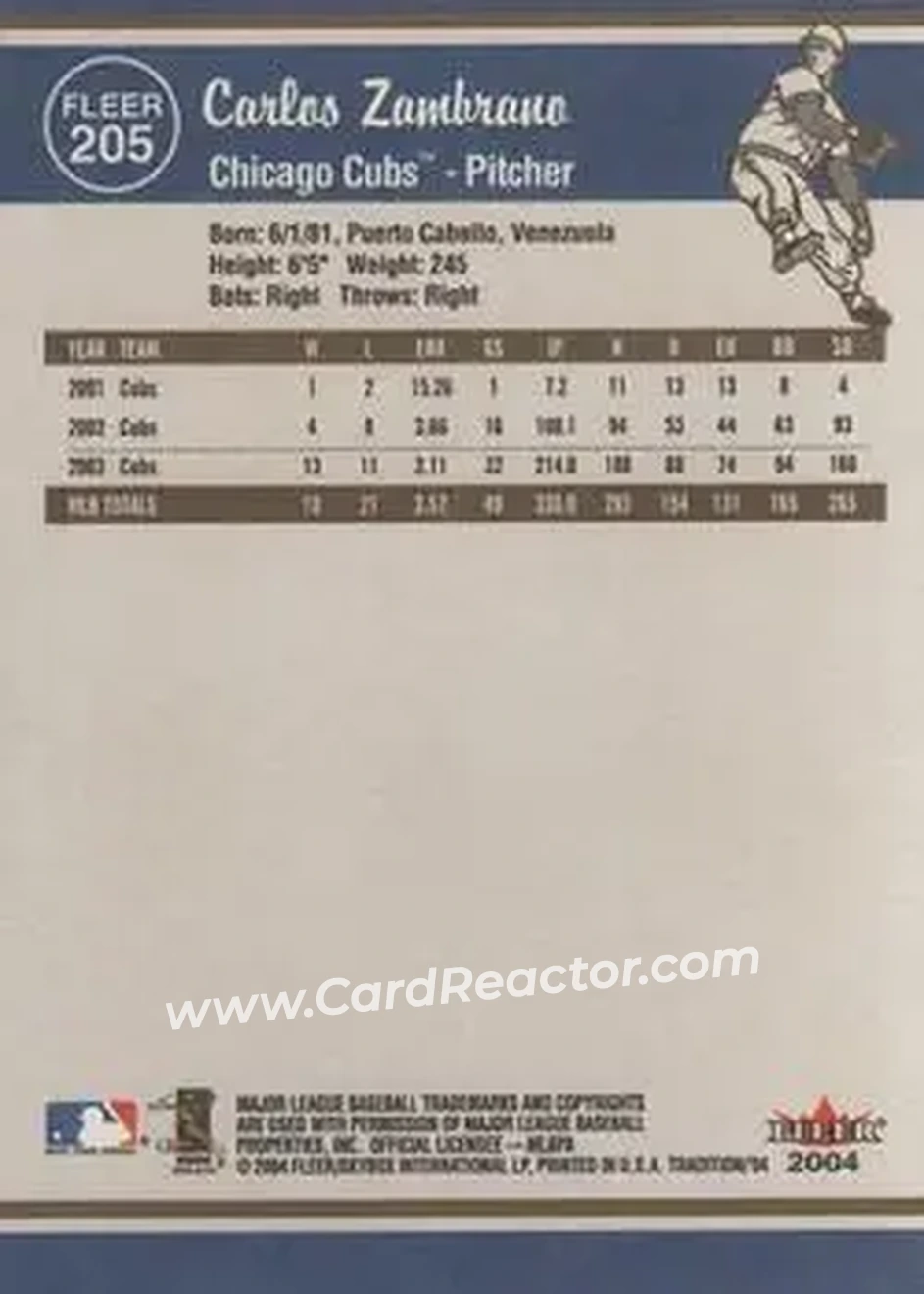 2004 Fleer Tradition #205 - Carlos Zambrano - Chicago Cubs - Back