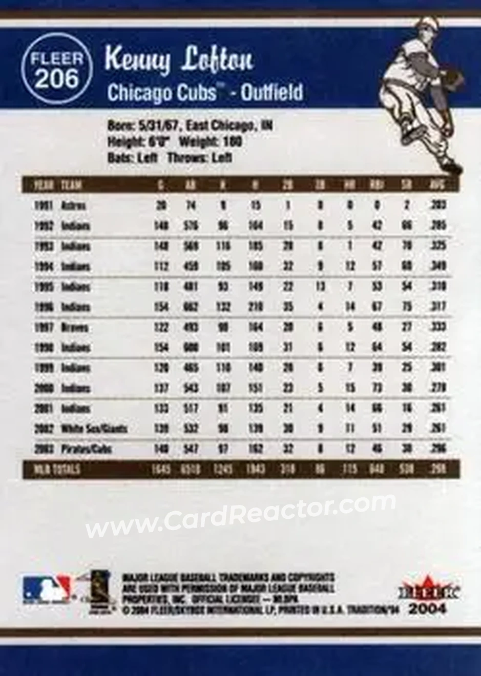 2004 Fleer Tradition #206 - Kenny Lofton - Chicago Cubs - Back 2004 Fleer Tradition #206 - Kenny Lofton - Chicago Cubs - Back