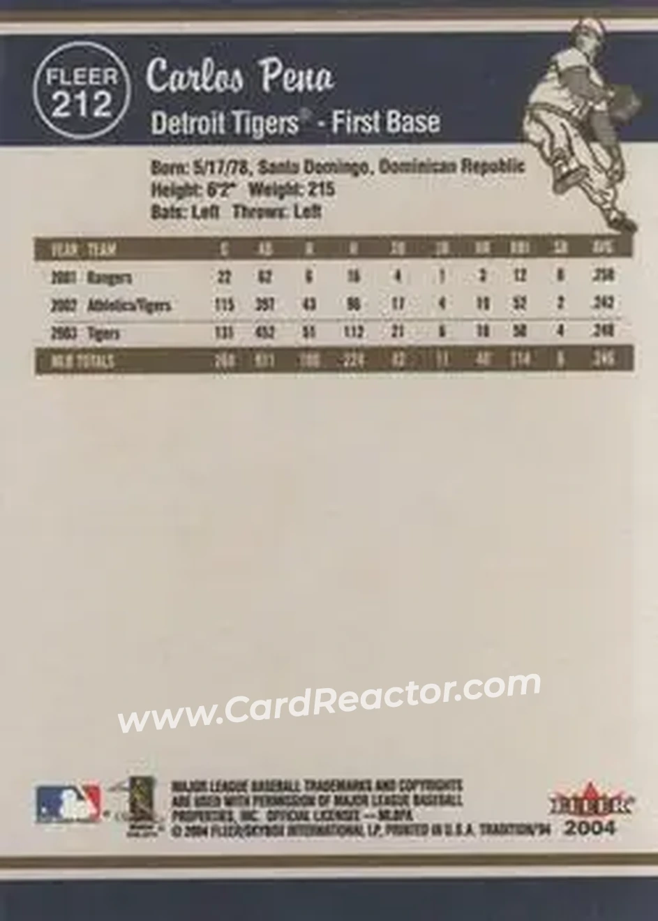2004 Fleer Tradition #212 - Carlos Peña - Detroit Tigers - Back