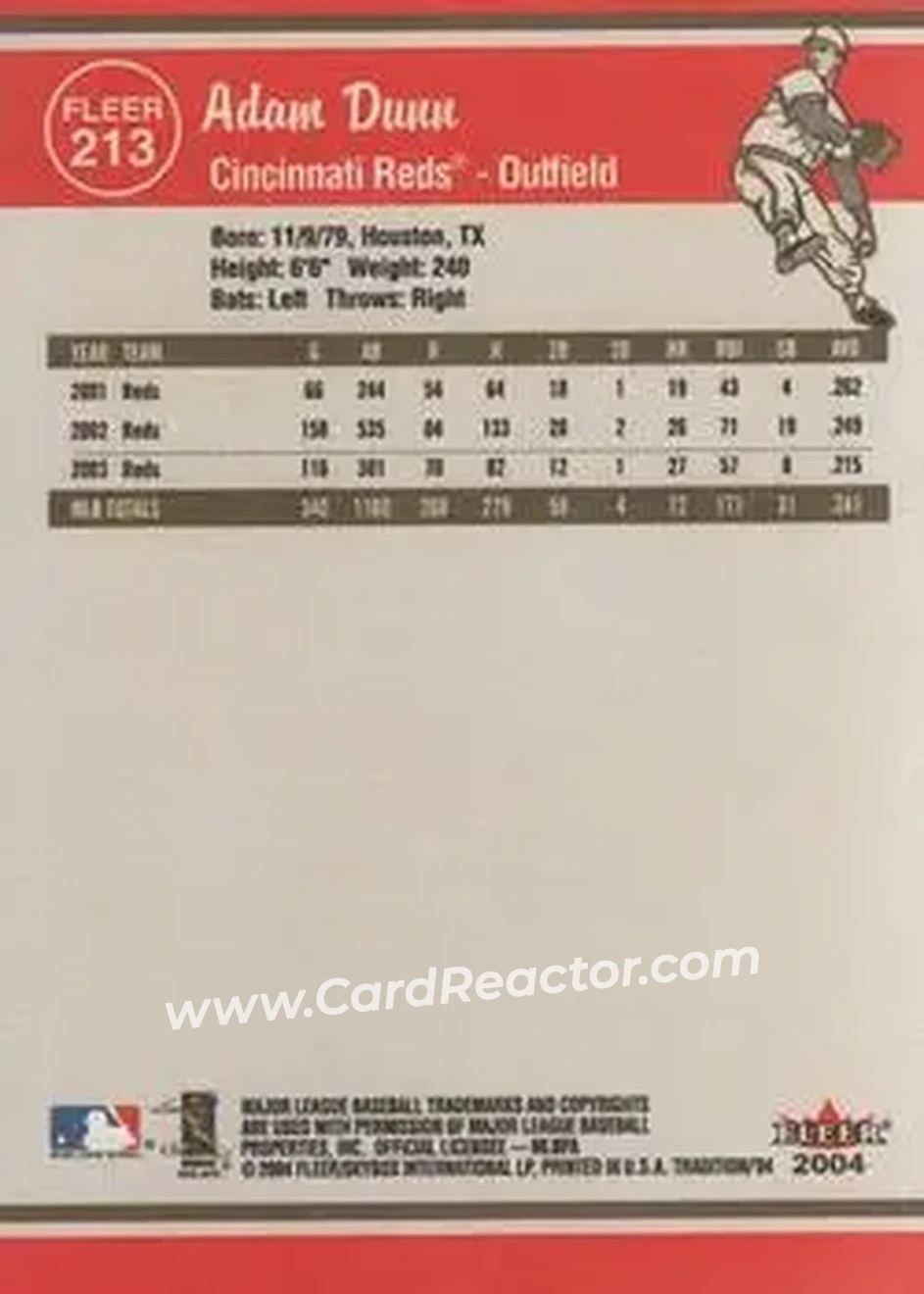 2004 Fleer Tradition #213 - Adam Dunn - Cincinnati Reds - Back