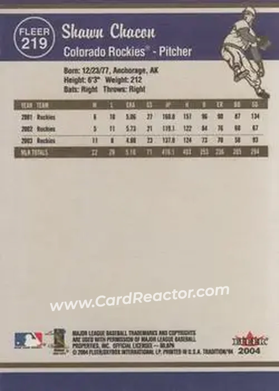 2004 Fleer Tradition #219 - Shawn Chacon - Colorado Rockies - Back 2004 Fleer Tradition #219 - Shawn Chacon - Colorado Rockies - Back