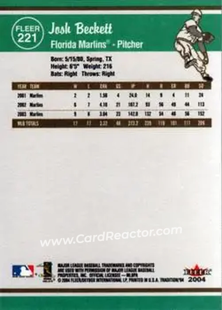 2004 Fleer Tradition #221 - Josh Beckett - Florida Marlins - Back