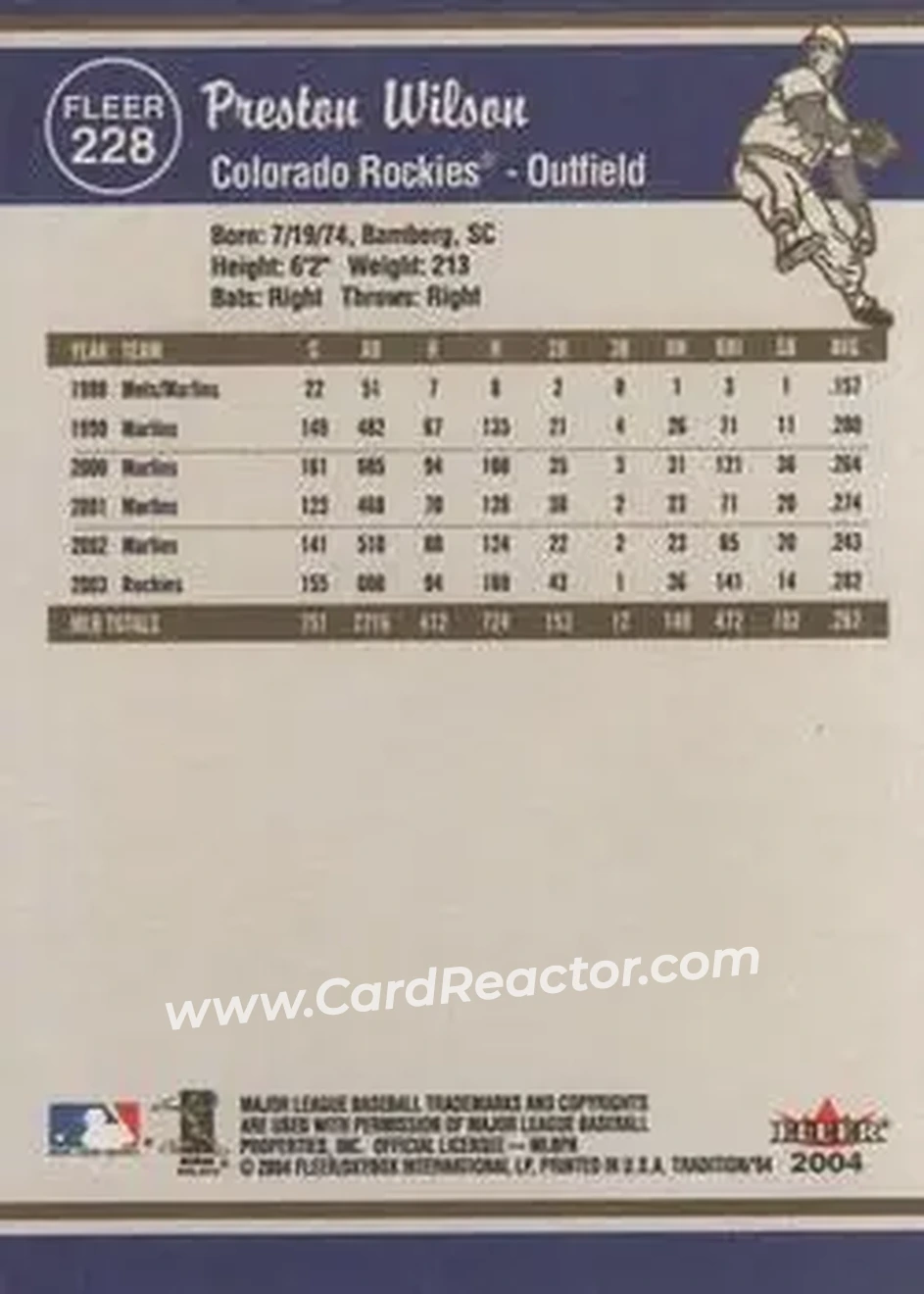 2004 Fleer Tradition #228 - Preston Wilson - Colorado Rockies - Back