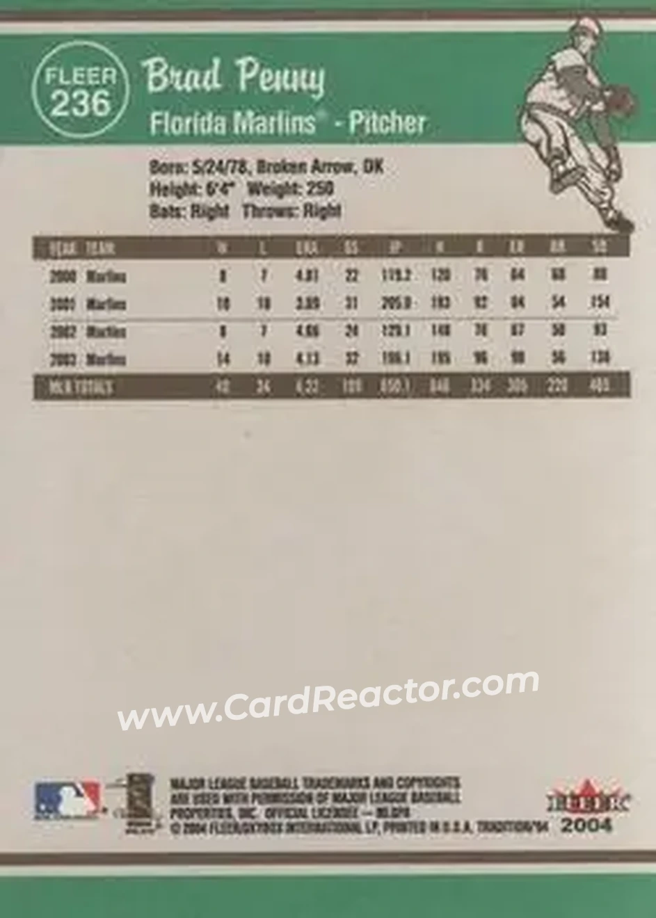 2004 Fleer Tradition #236 - Brad Penny - Florida Marlins - Back
