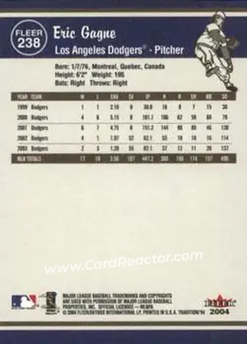 2004 Fleer Tradition #238 - Eric Gagne - Los Angeles Dodgers - Back