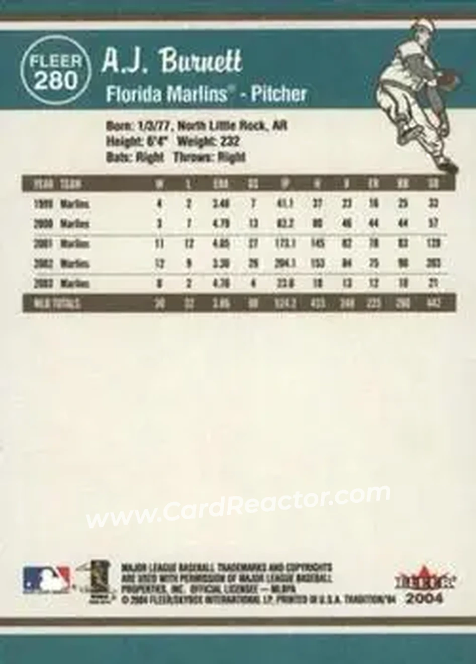 2004 Fleer Tradition #280 - A.J. Burnett - Florida Marlins - Back