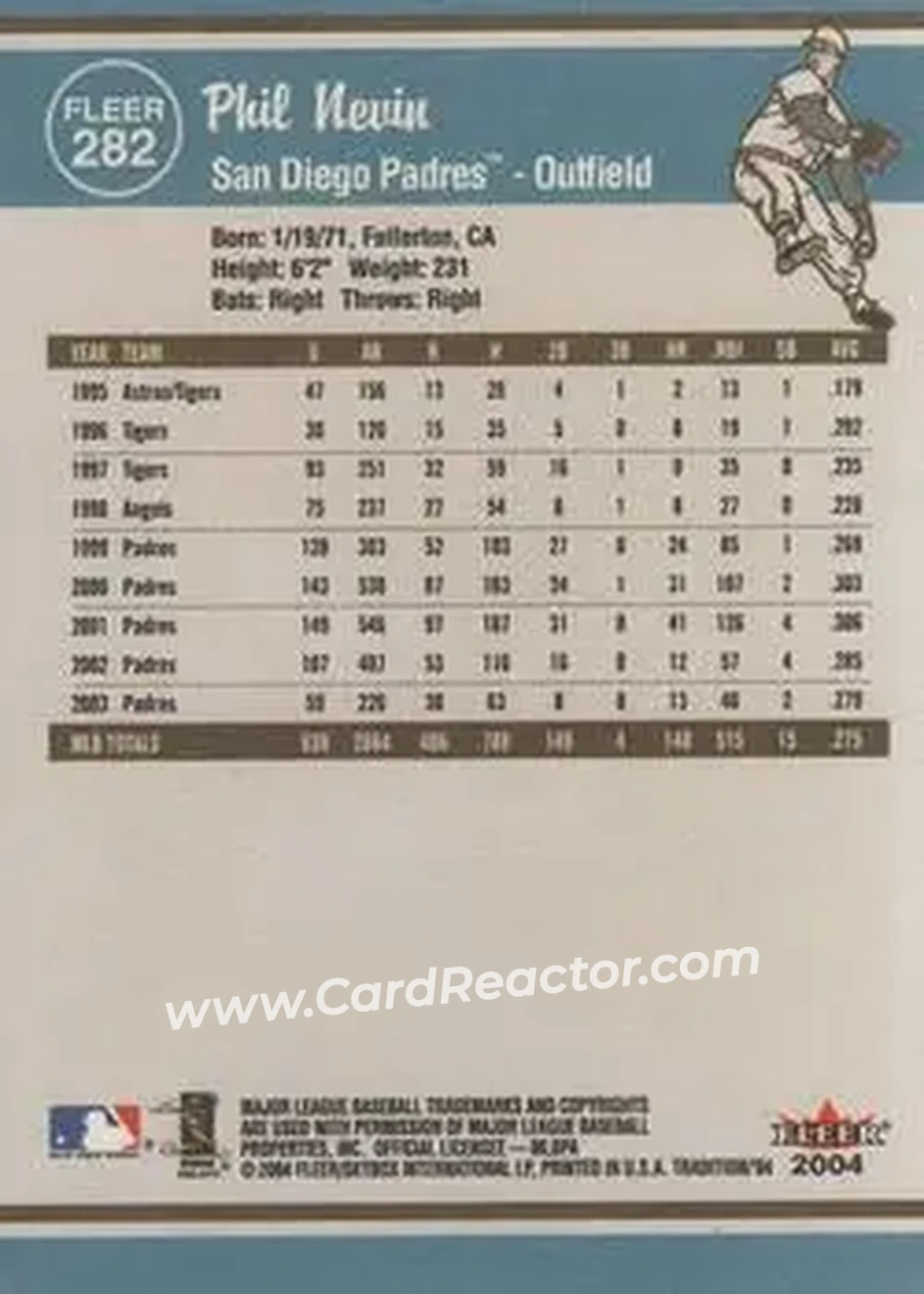 2004 Fleer Tradition #282 - Phil Nevin - San Diego Padres - Back
