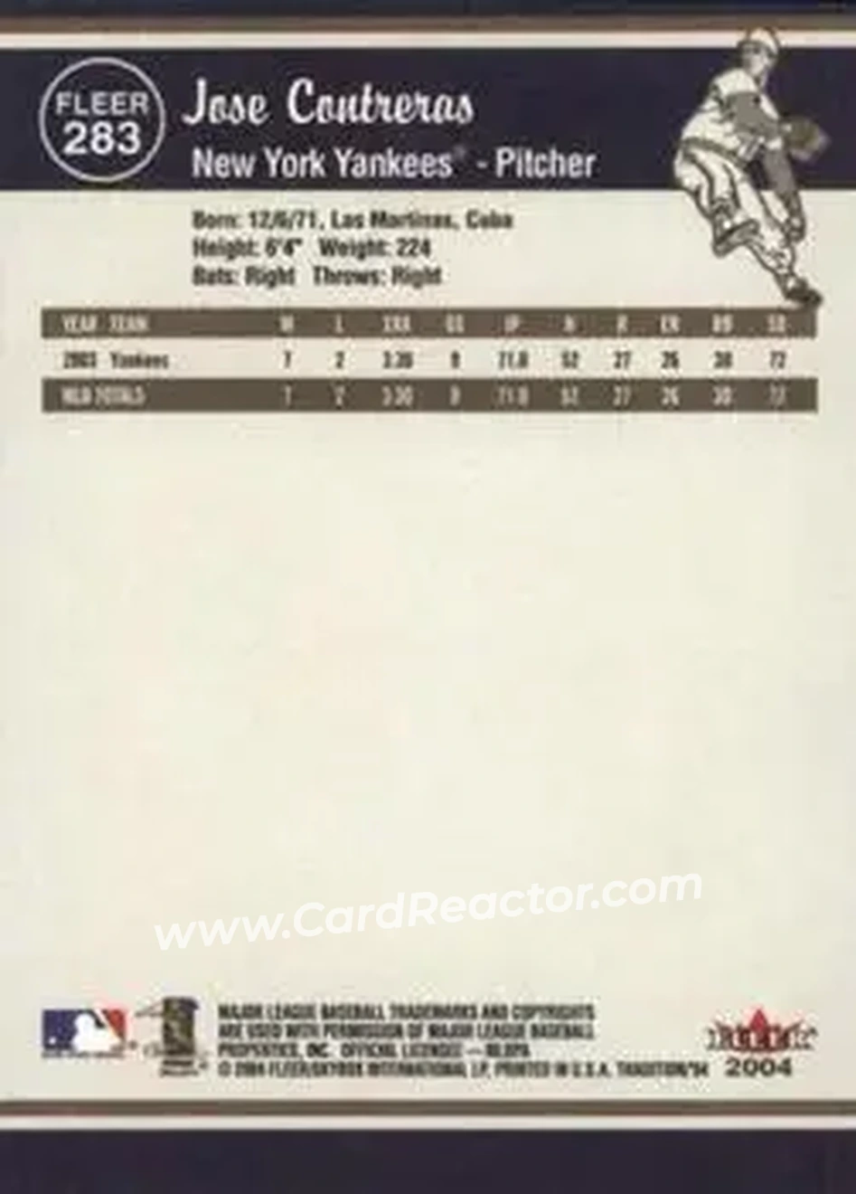2004 Fleer Tradition #283 - Jose Contreras - New York Yankees - Back