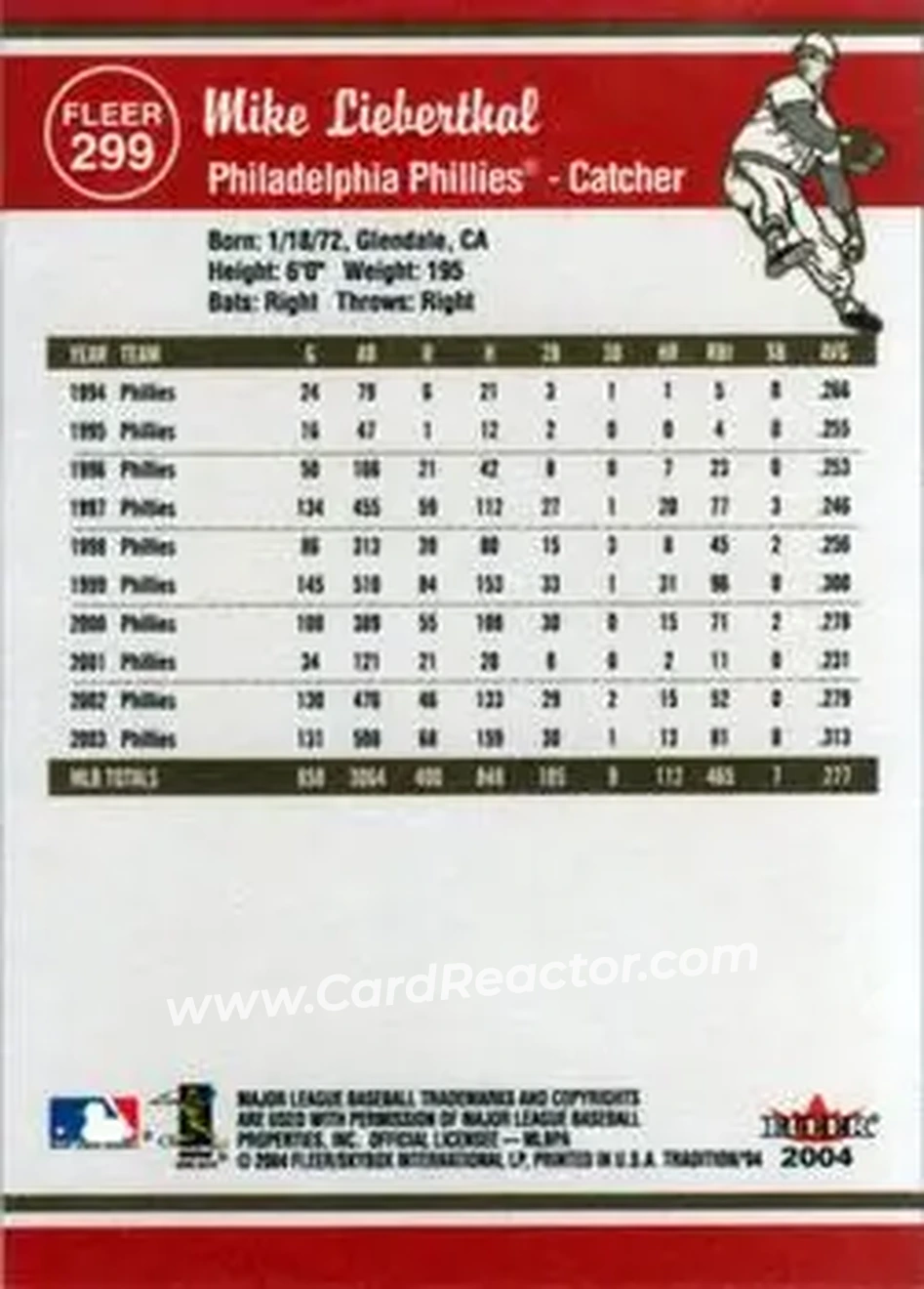 2004 Fleer Tradition #299 - Mike Lieberthal - Philadelphia Phillies - Back 2004 Fleer Tradition #299 - Mike Lieberthal - Philadelphia Phillies - Back