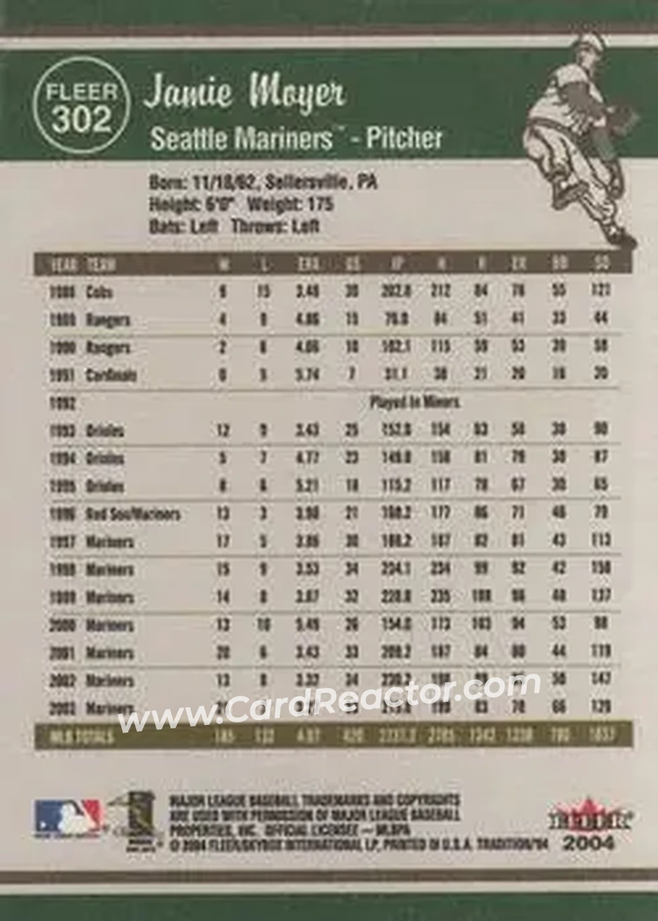2004 Fleer Tradition #302 - Jamie Moyer - Seattle Mariners - Back