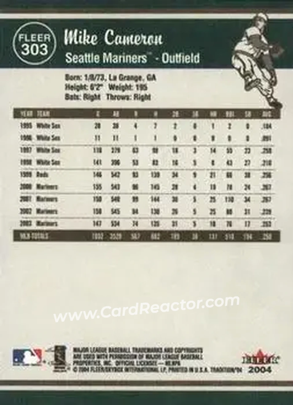 2004 Fleer Tradition #303 - Mike Cameron - Seattle Mariners - Back