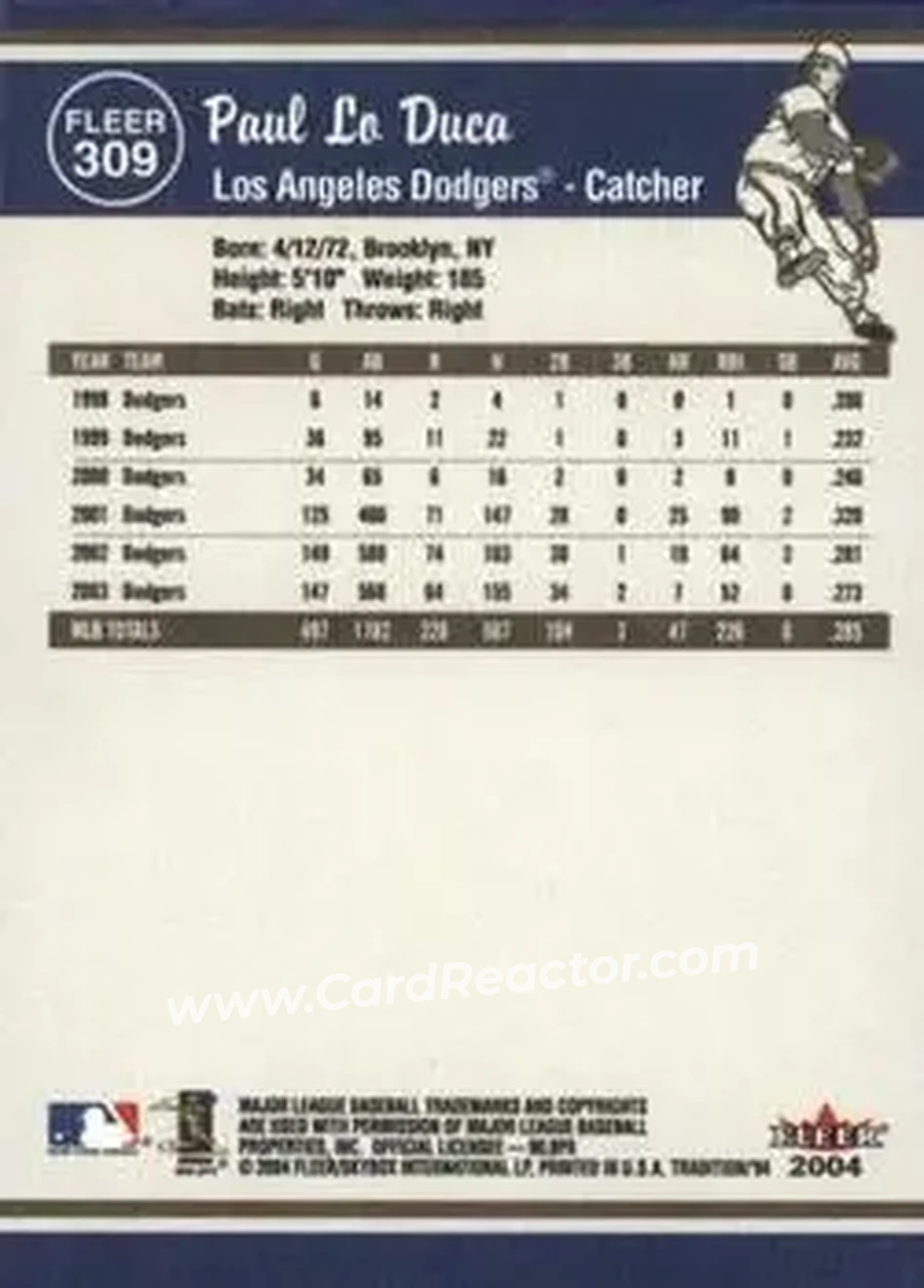 2004 Fleer Tradition #309 - Paul Lo Duca - Los Angeles Dodgers - Back
