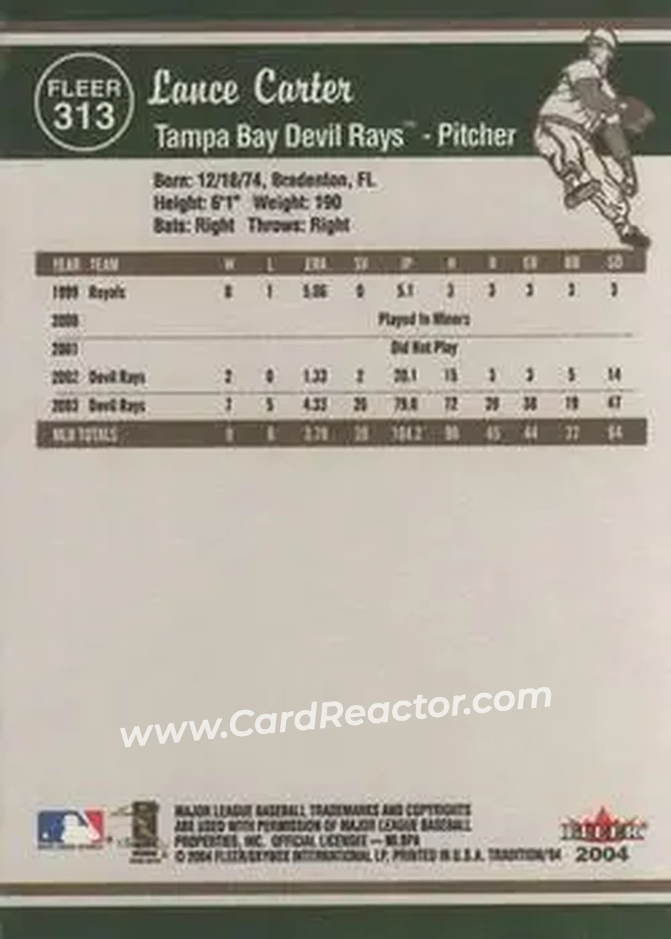 2004 Fleer Tradition #313 - Lance Carter - Tampa Bay Devil Rays - Back 2004 Fleer Tradition #313 - Lance Carter - Tampa Bay Devil Rays - Back