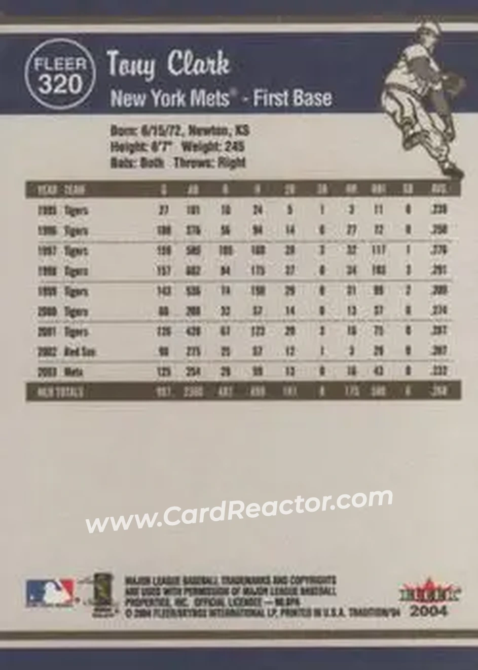 2004 Fleer Tradition #320 - Tony Clark - New York Mets - Back 2004 Fleer Tradition #320 - Tony Clark - New York Mets - Back