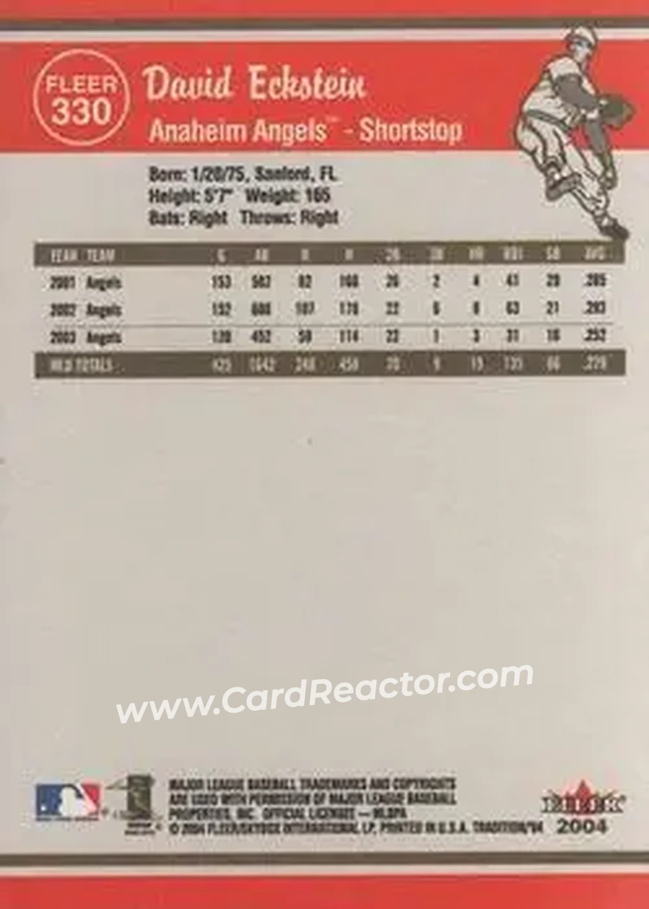 2004 Fleer Tradition #330 - David Eckstein - Anaheim Angels - Back 2004 Fleer Tradition #330 - David Eckstein - Anaheim Angels - Back