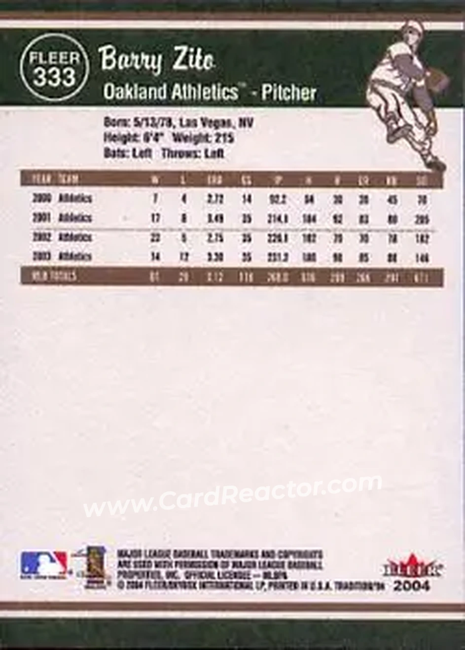 2004 Fleer Tradition #333 - Barry Zito - Oakland Athletics - Back