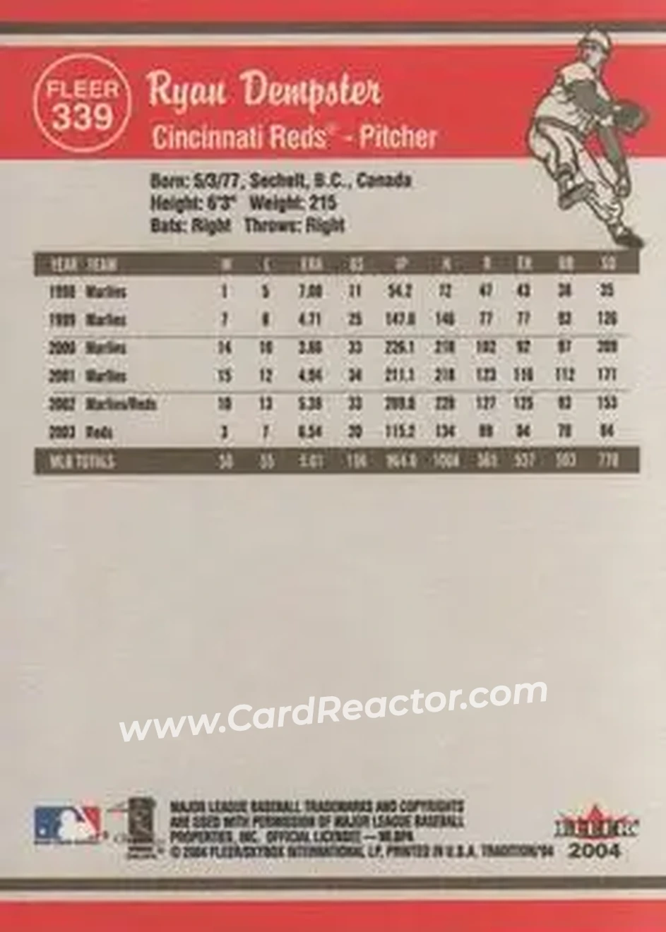 2004 Fleer Tradition #339 - Ryan Dempster - Cincinnati Reds - Back