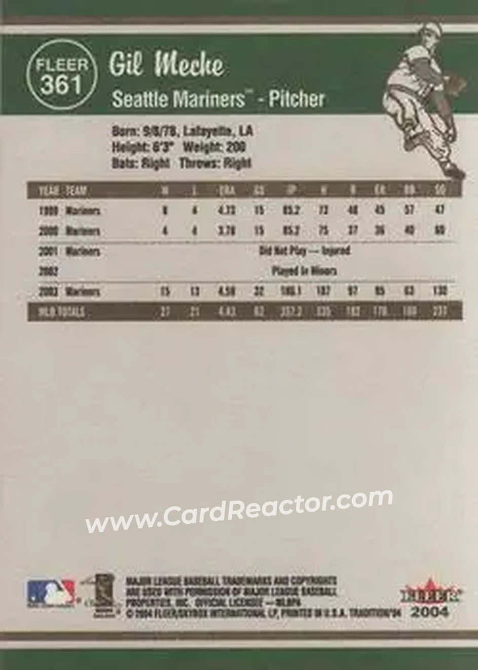 2004 Fleer Tradition #361 - Gil Meche - Seattle Mariners - Back
