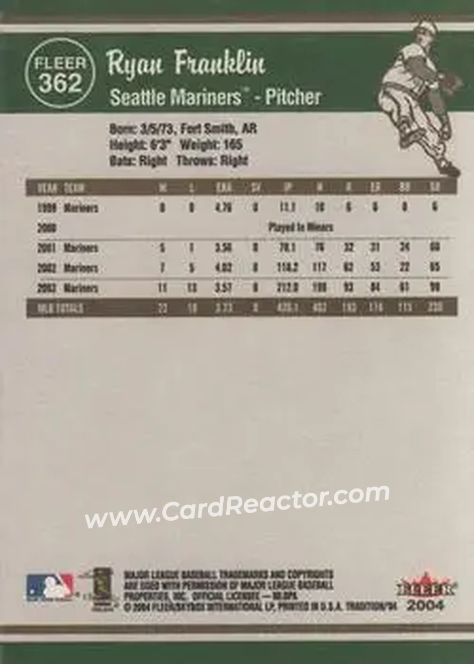 2004 Fleer Tradition #362 - Ryan Franklin - Seattle Mariners - Back 2004 Fleer Tradition #362 - Ryan Franklin - Seattle Mariners - Back