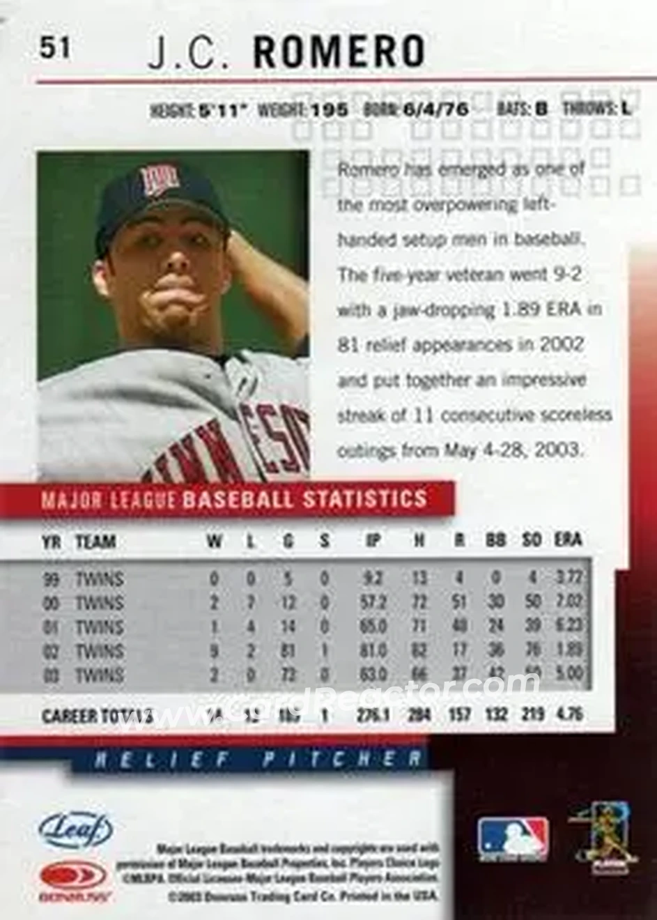 2004 Leaf #51 - J.C. Romero - Minnesota Twins - Back