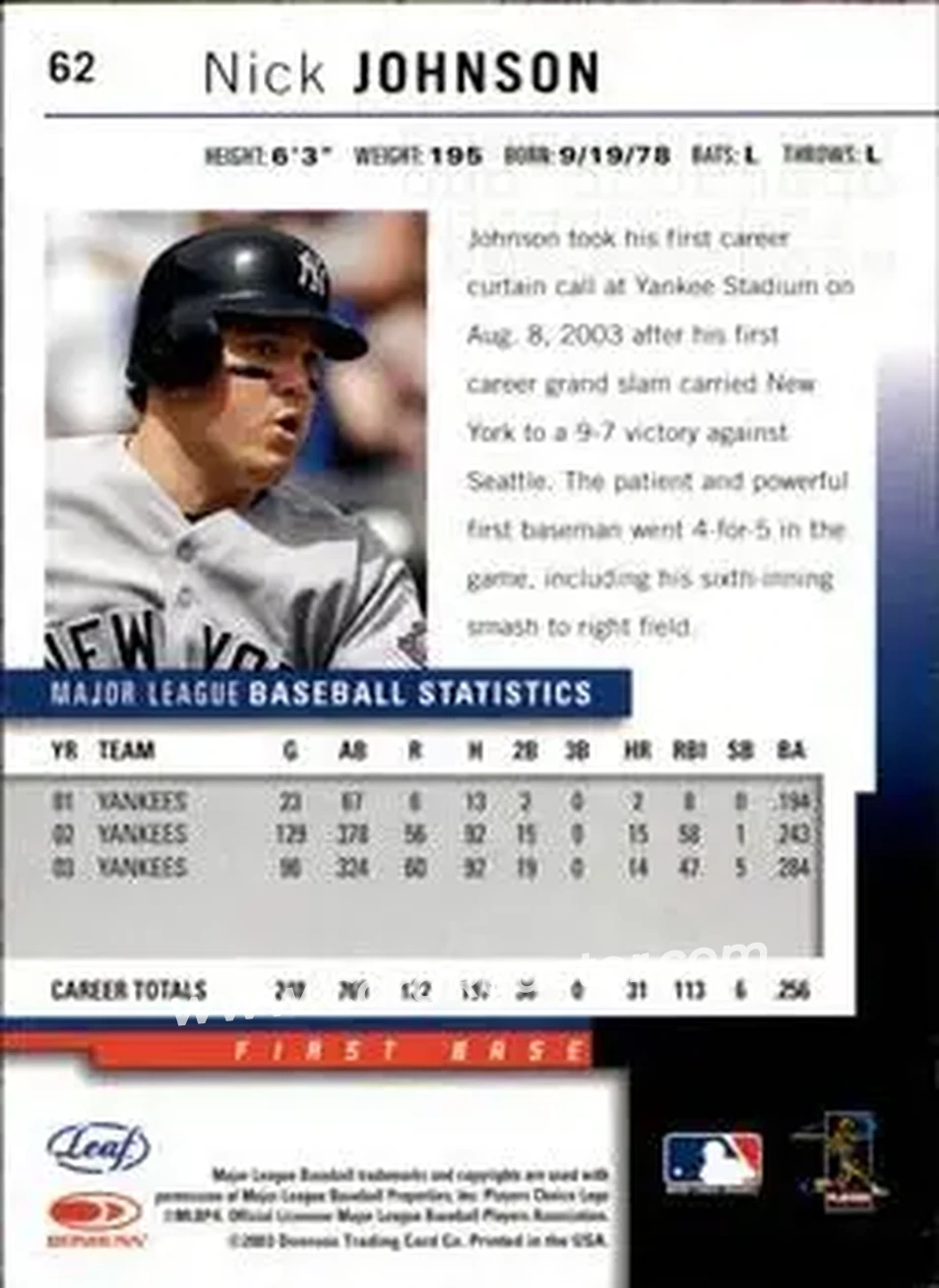 2004 Leaf #62 - Nick Johnson - New York Yankees - Back 2004 Leaf #62 - Nick Johnson - New York Yankees - Back
