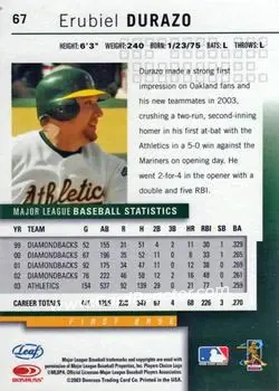 2004 Leaf #67 - Erubiel Durazo - Oakland Athletics - Back 2004 Leaf #67 - Erubiel Durazo - Oakland Athletics - Back