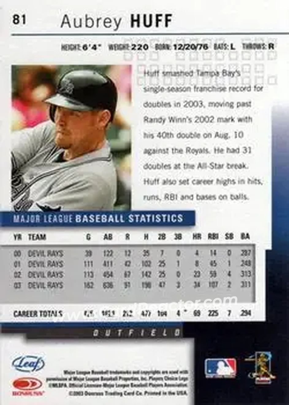 2004 Leaf #81 - Aubrey Huff - Tampa Bay Devil Rays - Back 2004 Leaf #81 - Aubrey Huff - Tampa Bay Devil Rays - Back