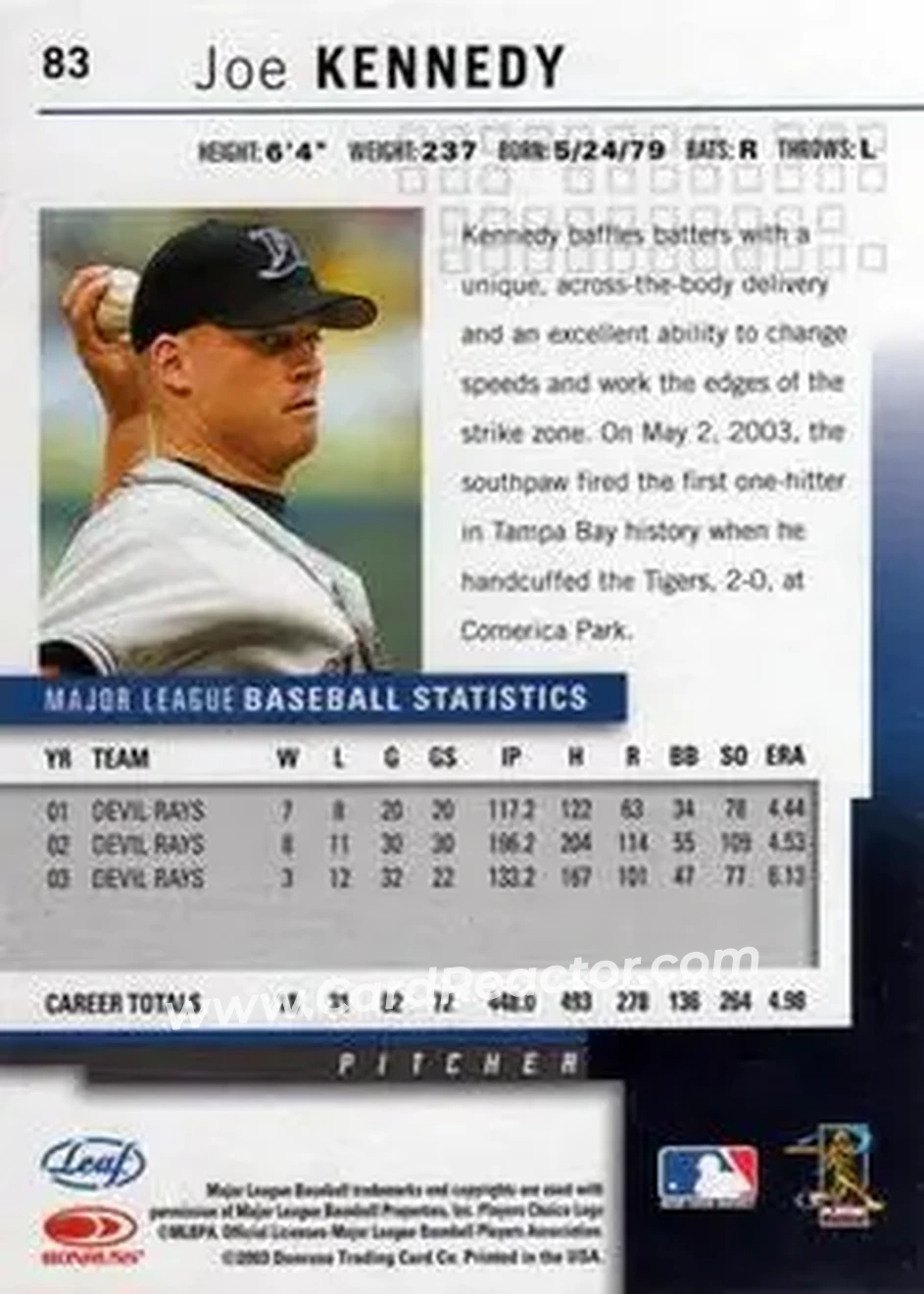 2004 Leaf #83 - Joe Kennedy - Tampa Bay Devil Rays - Back 2004 Leaf #83 - Joe Kennedy - Tampa Bay Devil Rays - Back