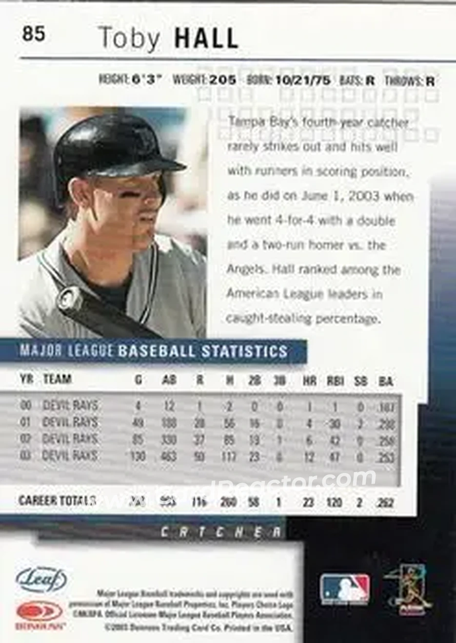 2004 Leaf #85 - Toby Hall - Tampa Bay Devil Rays - Back