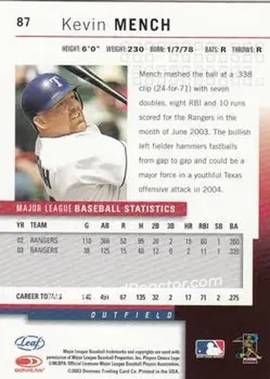 2004 Leaf #87 - Kevin Mench - Texas Rangers - Back