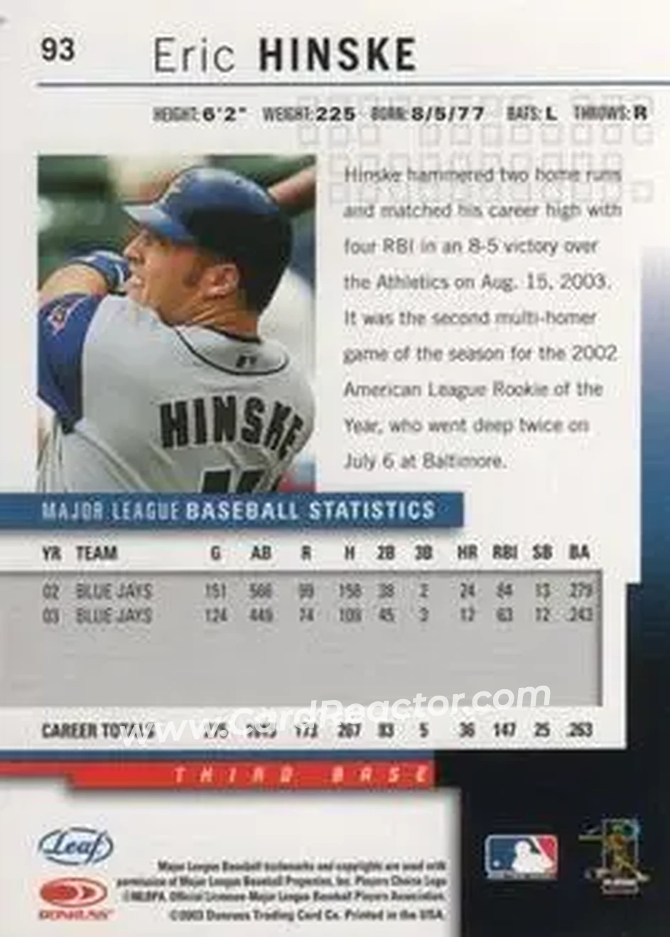 2004 Leaf #93 - Eric Hinske - Toronto Blue Jays - Back 2004 Leaf #93 - Eric Hinske - Toronto Blue Jays - Back
