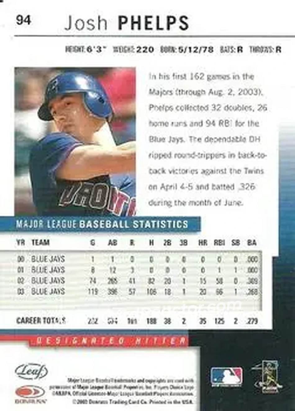 2004 Leaf #94 - Josh Phelps - Toronto Blue Jays - Back