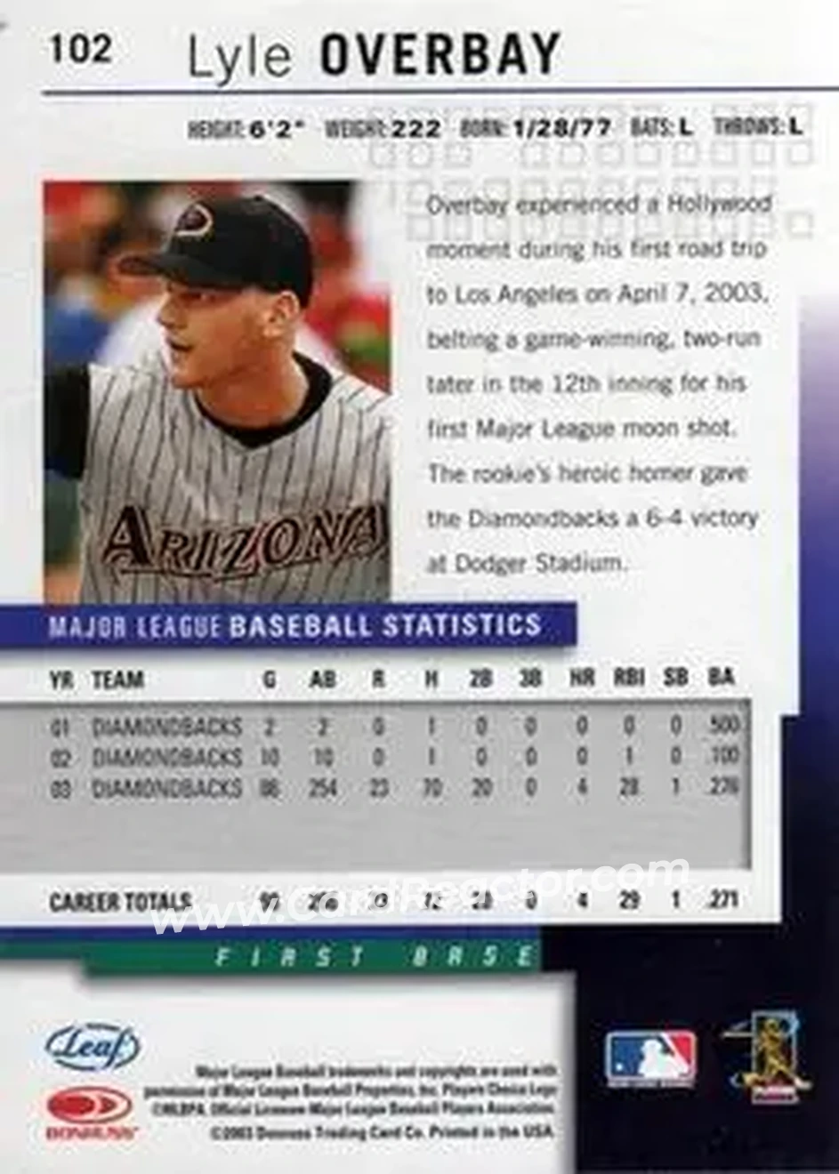 2004 Leaf #102 - Lyle Overbay - Arizona Diamondbacks - Back 2004 Leaf #102 - Lyle Overbay - Arizona Diamondbacks - Back