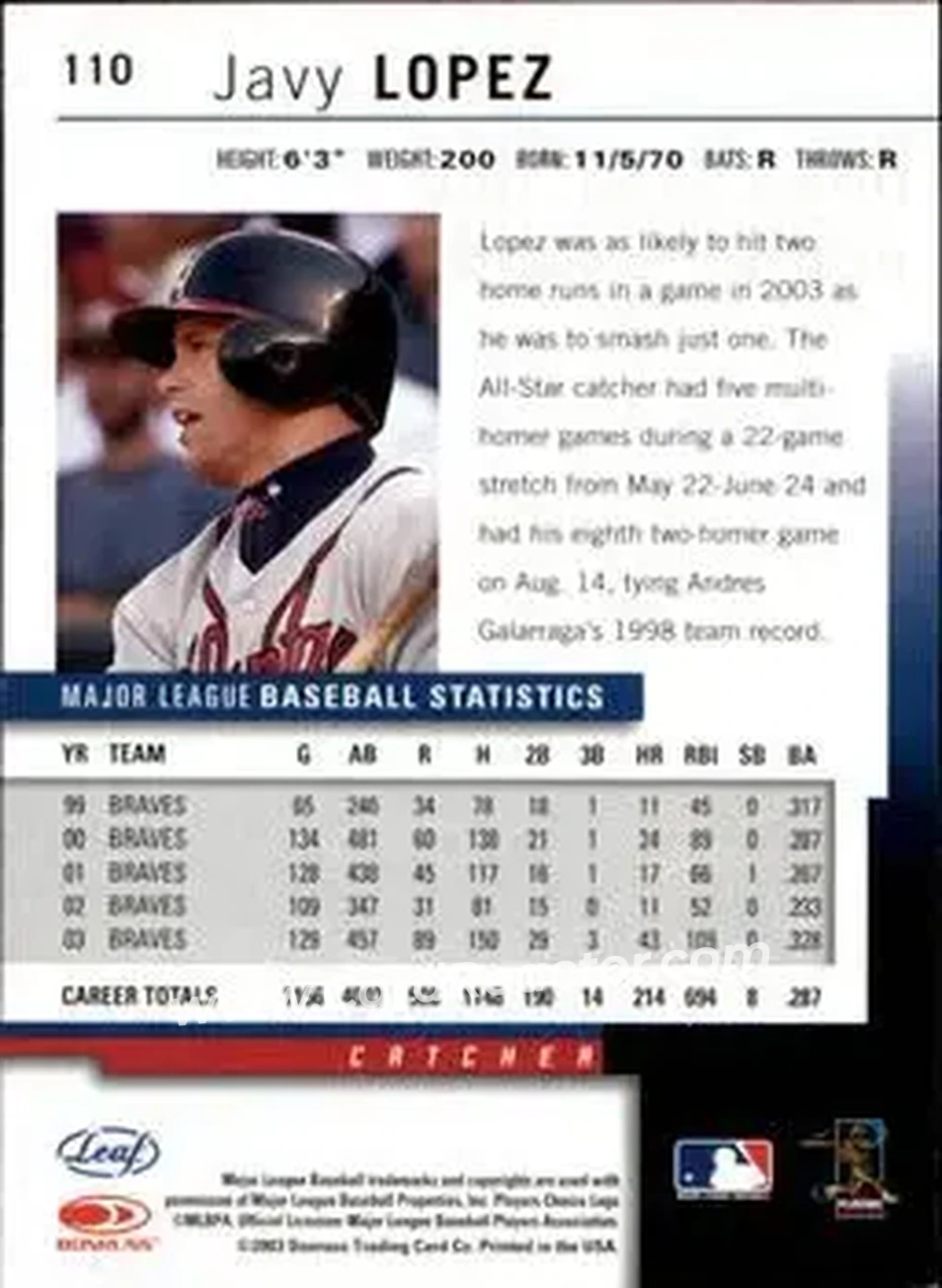 2004 Leaf #110 - Javier Lopez - Atlanta Braves - Back 2004 Leaf #110 - Javier Lopez - Atlanta Braves - Back