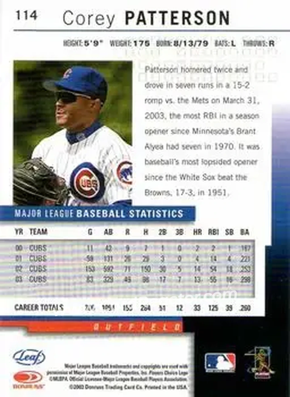 2004 Leaf #114 - Corey Patterson - Chicago Cubs - Back 2004 Leaf #114 - Corey Patterson - Chicago Cubs - Back