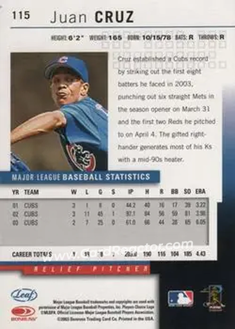 2004 Leaf #115 - Juan Cruz - Chicago Cubs - Back