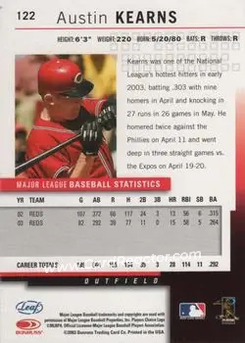 2004 Leaf #122 - Austin Kearns - Cincinnati Reds - Back