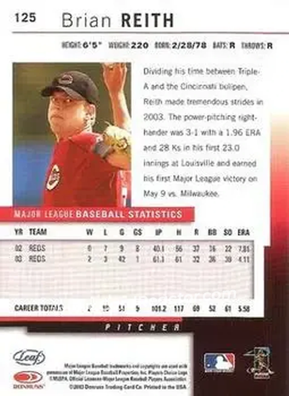 2004 Leaf #125 - Brian Reith - Cincinnati Reds - Back 2004 Leaf #125 - Brian Reith - Cincinnati Reds - Back